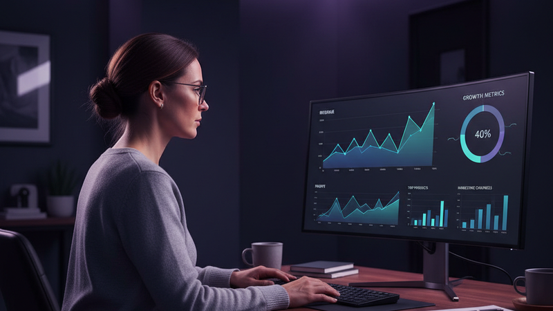 A small business owner reviewing a BI dashboard on a laptop showing revenue and marketing metrics