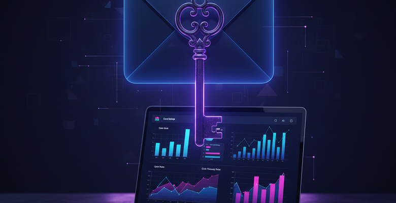 Envelope and key icons beside an email marketing dashboard