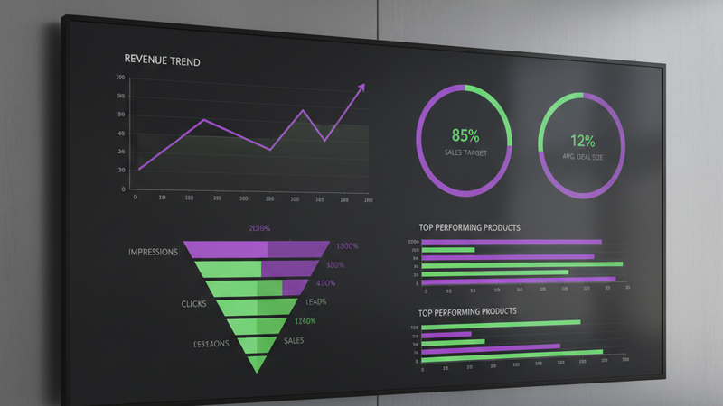 A sales performance dashboard showing revenue trends, conversion rates, and pipeline metrics on a desktop screen