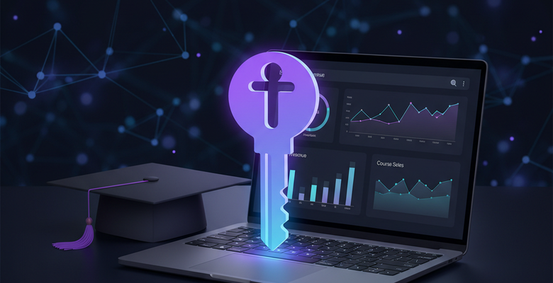 Graduation cap and key icons beside an online course sales dashboard
