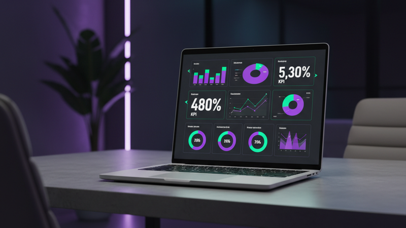 A business intelligence dashboard displayed on a laptop screen showing combined data from multiple sources including revenue, traffic, and conversion charts
